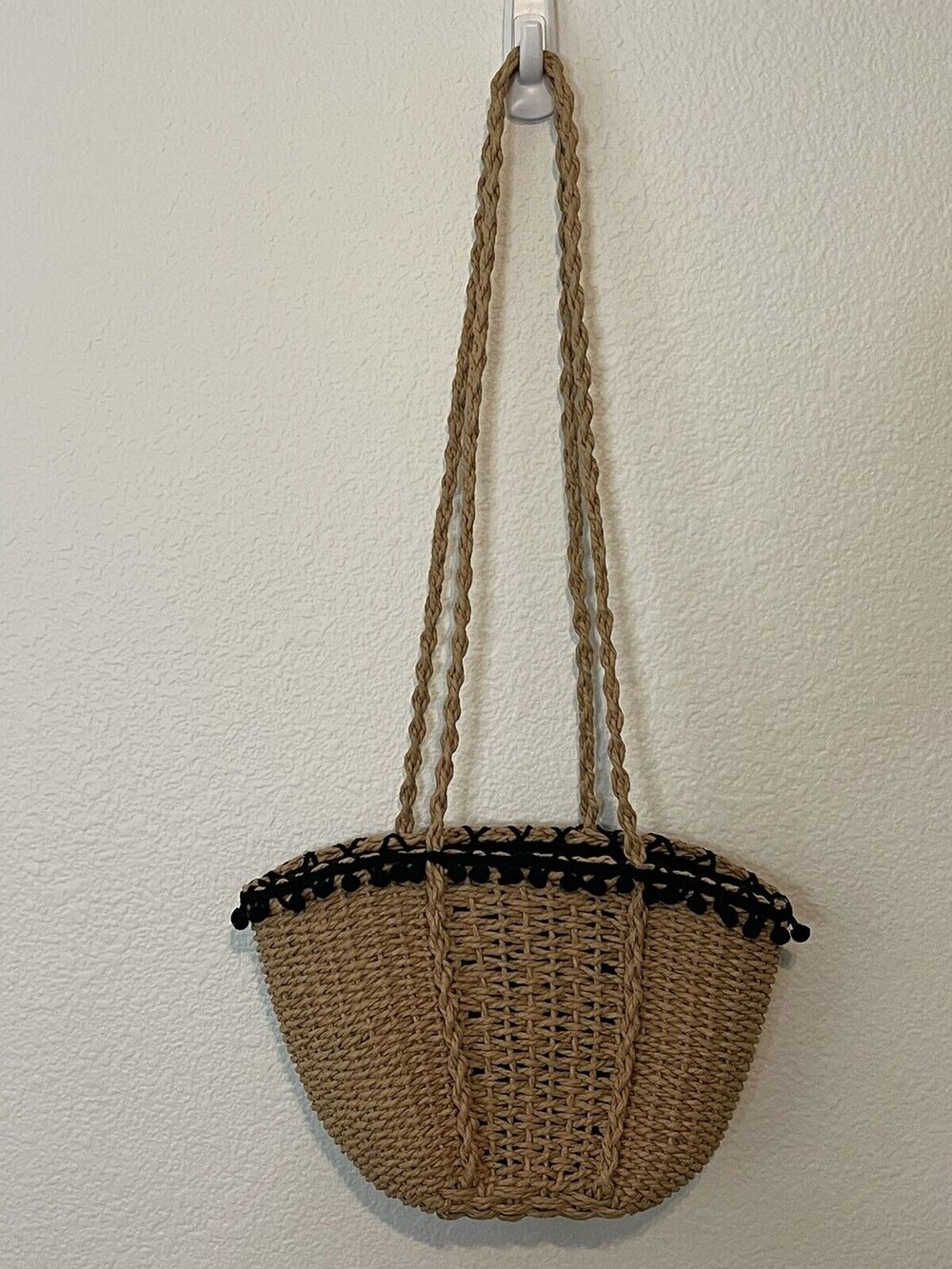 ZARA Mini Straw Shoulder Handbag With Black Mini Pompoms And Trim